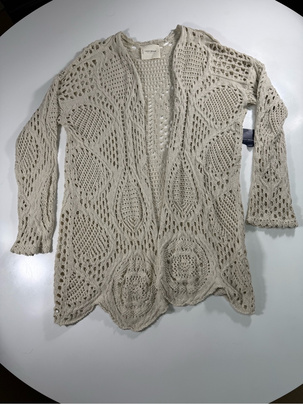 Lucky Brand 100% Cotton Openwork Crochet Knit Cardigan in Light Beige - Picture 2 of 11